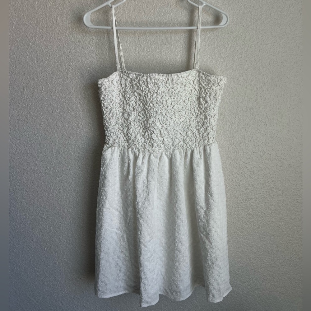 Francesca's White Smocked Textured Strap Dress with Pink Tag Accent